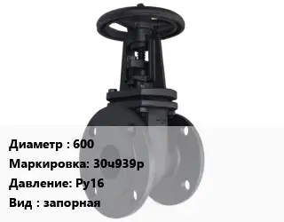 Задвижка чугунная 600 30ч939р Ру16 запорная
